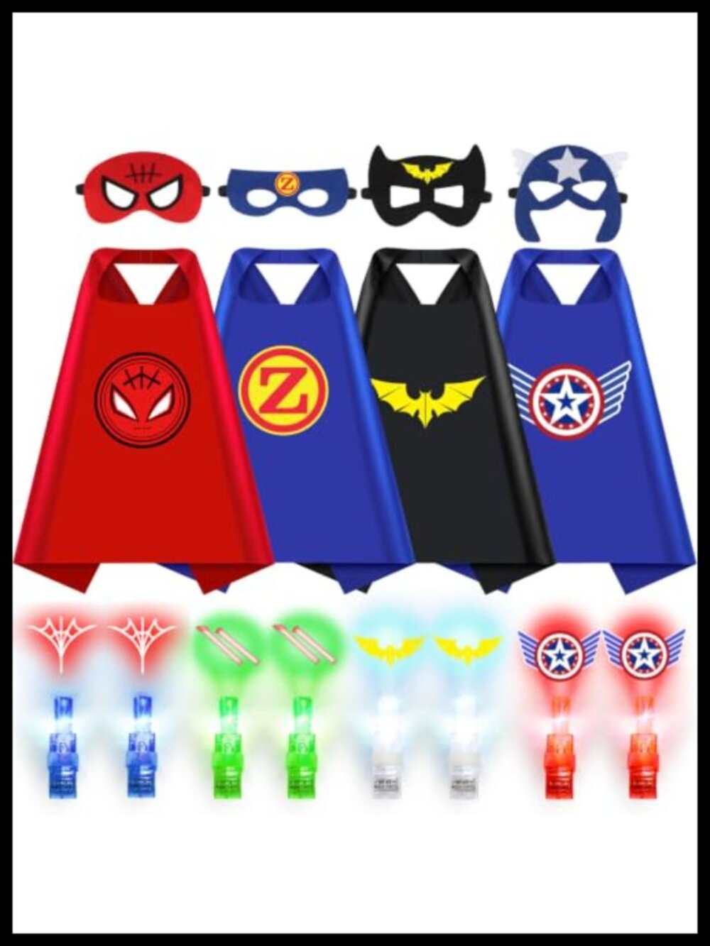 Kids Superhero Costume Set Capes Masks Finger Lights Dress Up Pretend Play